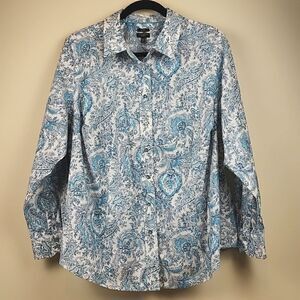 Talbot's Plus Size Non Iron Button Front Blouse Top Blue Paisley Size 18WP